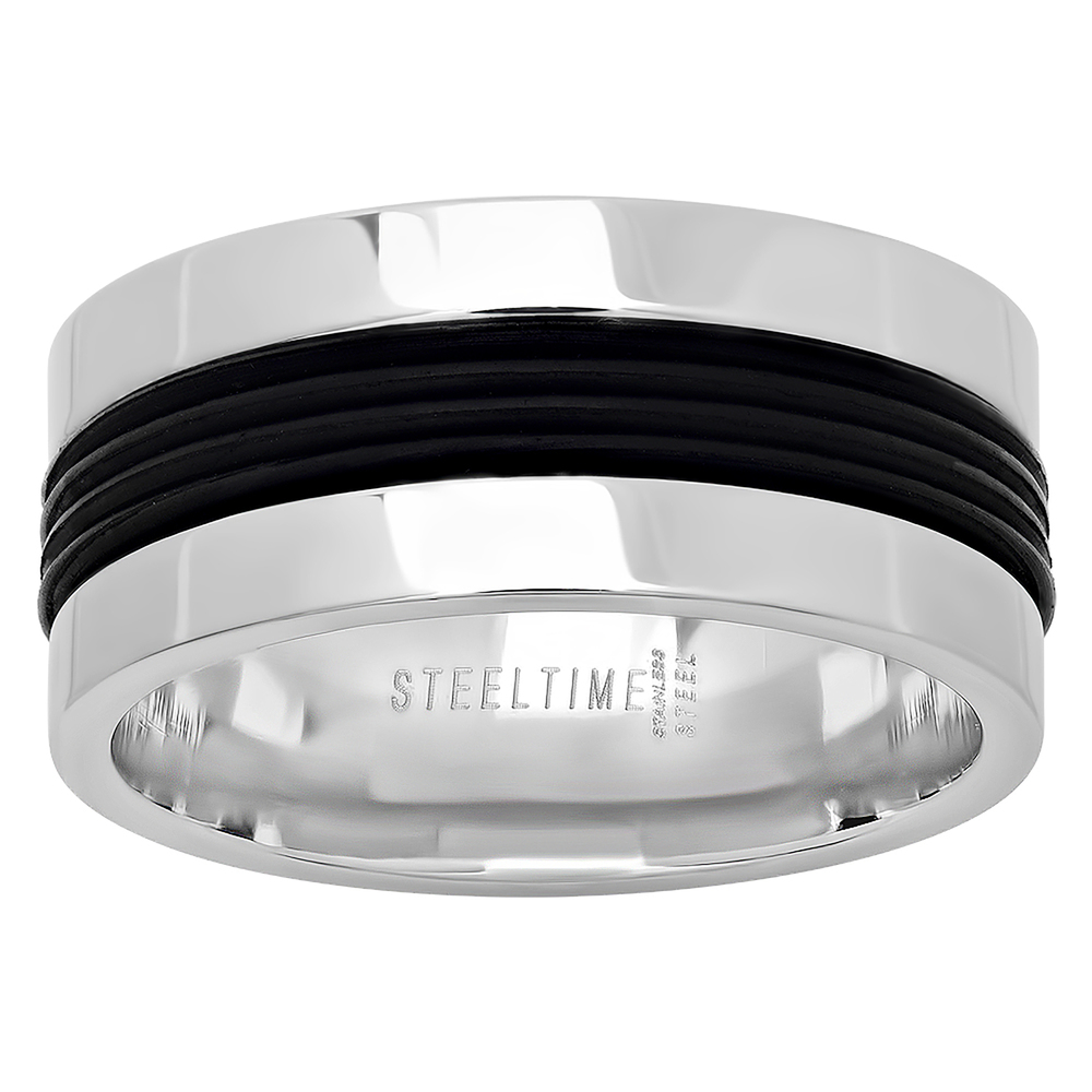 Stainless Steel Mens Grooved Black Center Size-11 Comfort-fit Band Ring